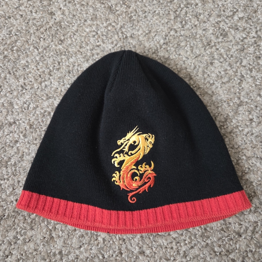 Y2K Dragon Embroidered Black Beanie Knit Winter Hat Cap Drew Pearson‎ Skate